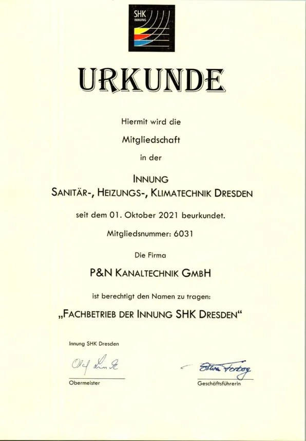 Urkunde: Innungsmitgliedschaft SHK
